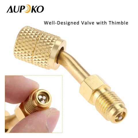 Close-up of brass 45° angled Two Pack 5/16 To 1/4 SAE Quick Couplers for R410A ductless mini split systems HVAC service.