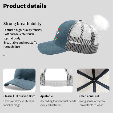 Side view of Beer Drinking Elf Funny Women Trucker Cap Sky Blue Adjustable Hat for Running Hiking Cycling with breathable mesh back