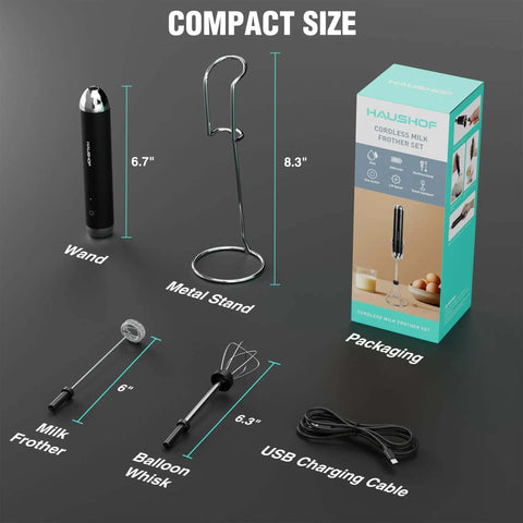 Powerful Rechargeable Milk Frother Wand With Stand Handheld Electric Foam Maker For Coffee Latte Cappuccino And Matcha 2 Speeds 2 Detachable Stainless Steel Whisks Includes Type C Cable components displayed