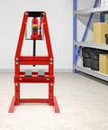 Rock Solid 6 Ton Hydraulic Press Built Tough For Bearing Bushing Swaps And Real Shop Work With Adjustable Carbon Steel Frame in red.