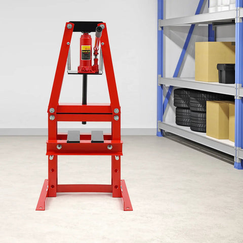 Rock Solid 6 Ton Hydraulic Press Built Tough For Bearing Bushing Swaps And Real Shop Work With Adjustable Carbon Steel Frame in red.