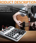4 Channel DJ Mixer With Bluetooth And USB MP3 Input 48V Phantom Power For Karaoke Podcasts Live Streaming And Home Recording Boss Studio Grade Sound For Guitar Bass And Keyboard beside guitar and mic setup