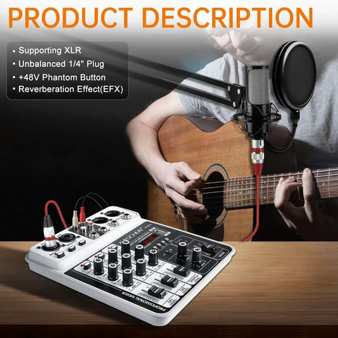 4 Channel DJ Mixer With Bluetooth And USB MP3 Input 48V Phantom Power For Karaoke Podcasts Live Streaming And Home Recording Boss Studio Grade Sound For Guitar Bass And Keyboard beside guitar and mic setup
