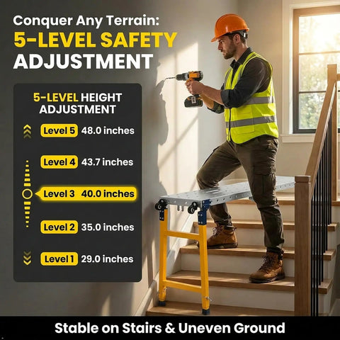 Heavy Duty Foldable Work Platform And Rolling Welding Station With Rock Solid 1200 Pound Capacity Adjusts 29 To 48 Inches High used for drilling on stairs.