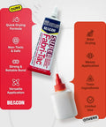 Comparison of two adhesives, left is Beefed Up Heavy Duty Fabric Adhesive For Indoor And Outdoor Use With Fast Grab And Quick Drying Crystal Clear Bond For Fabrics Wood Glass And More 2.5 Ounce Industrial Grade tube, right generic bottle.