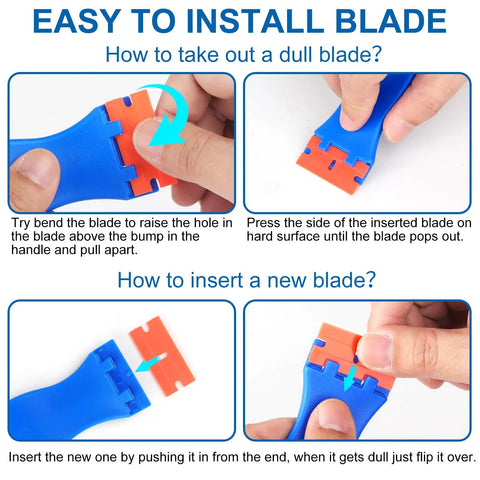 Instructions for changing blades on Two Pack Plastic Razor Blade Scraper With Twenty Replacement Blades For Sticker Decal Label Removal.