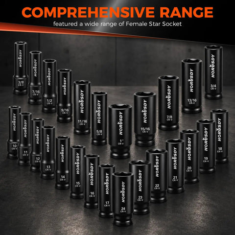 32 Piece 1/2 Inch Drive Impact Socket Set With Metric 10mm-24mm And SAE 3/8 Inch-1 Inch Deep Sockets Extension Bar Swivel Socket Adapter CR-V Steel Built For Auto Repair And Heavy Duty Mechanic Work, black female star sockets