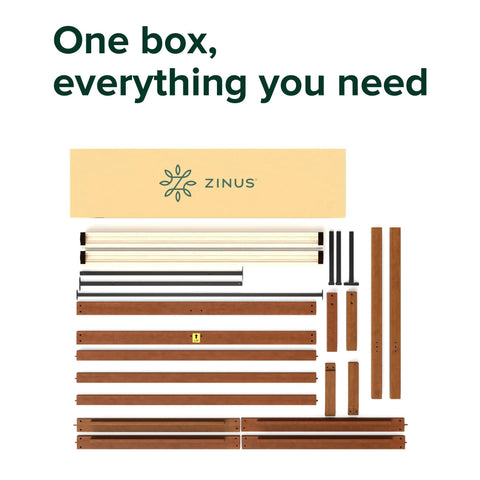 Full Size Bamboo Platform Bed Frame With Sleek Slatted Headboard components laid out in a box for easy assembly.