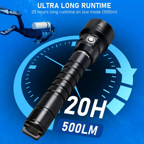 Beast Mode Bright Scuba Dive Flashlight With 6800 Lumens For Deep Night Dives And Cave Explorations, showcasing 20-hour runtime.