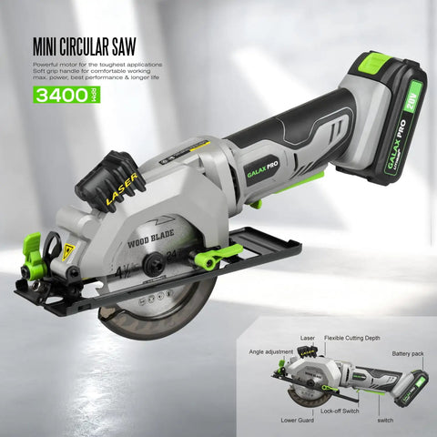 20V Cordless Mini Circular Saw With Laser Guide And Dual Blades Compact Wood Cutter featuring a high torque copper motor and battery.