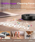 Boss Level Robot Vacuum And Mop Combo With 7000Pa Suction illustrating cleaning pet hair and crumbs on hard floors.