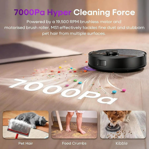 Boss Level Robot Vacuum And Mop Combo With 7000Pa Suction illustrating cleaning pet hair and crumbs on hard floors.