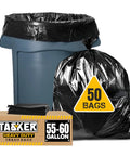 55 Gallon Heavy Duty Trash Bags With Ties Pack Of 50 for indoor and outdoor use, shown in box and tied filled bag near bin