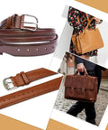 Collage showing leather belts, handbag, and briefcase for use with Adjustable Belt Hole Punch Tool With Wooden Handle Dope Precision Built Automatic Screw Puncher Leather Belt Punch Kit Includes 6 Interchangeable Tips From 1.5mm To 4mm For Belts Watch Bands And Handbags.