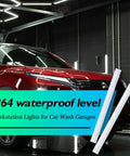 Red car under Geometric Hexagon Garage LED Light Panels With Blue Frame No-Fuss Install Ultra Bright 6500K 672W 86400LM lights