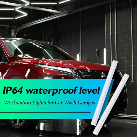 Red car under Geometric Hexagon Garage LED Light Panels With Blue Frame No-Fuss Install Ultra Bright 6500K 672W 86400LM lights