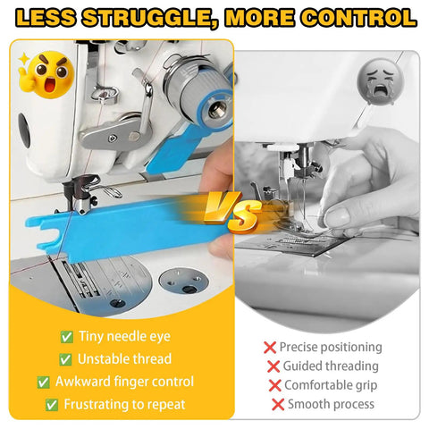 Comparison of manual vs. 4 In 1 Sewing Machine Needle Threader With Magnetic Tool, highlighting benefits and struggles.