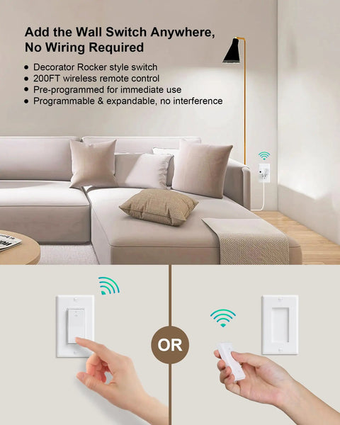 Living room with Remote Control Outlet With Decorator Rocker Wall Switch 200 Foot Range Wireless Light Switch for lamps.