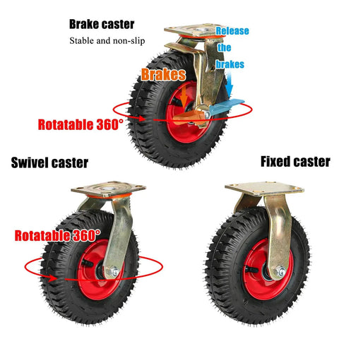 Heavy Duty Swivel Caster Wheels With Reinforced Steel Base And Grip Tight Vacuum Rubber Tires Double Ball Bearings Roll Smooth Under Heavy Loads Without Skipping A Beat, showcasing brake, swivel, and fixed caster options.