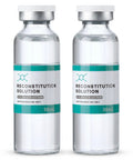Reconstitution Solution glass vials 2-pack; two 30mL clear vials with white caps and teal band label for research use only