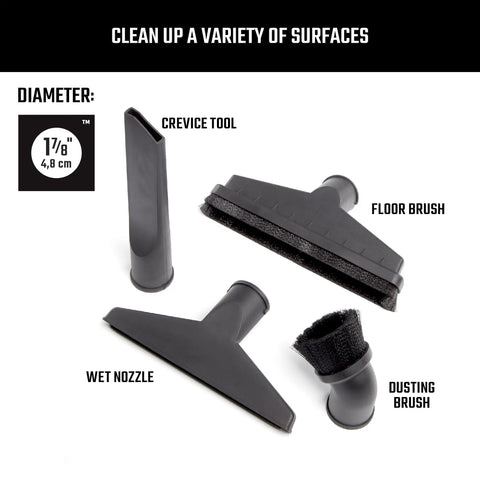 Beast Tough Heavy Duty Wet Dry Vac Attachment Kit For One Seven Eighths Inch Hoses with four tool attachments displayed