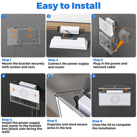 Installation guide for Slick Starlink Gen 3 Router Wall Mount with steps for setup and cable management in clear acrylic enclosure.