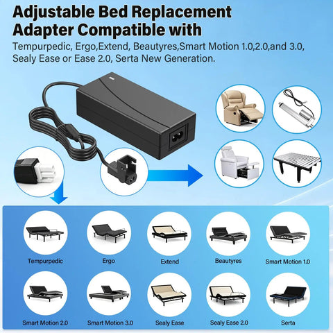 High Tech Adjustable Bed Power Cord Replacement For Tempurpedic Plus Other Brands, 29V 2A adapter with connection options.