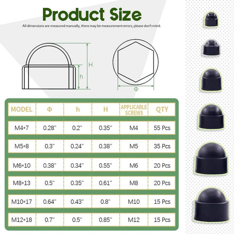 Product size chart for 161 Pcs Bolt Covers Kit For Hex Head Bolts M4 M5 M6 M8 M10 M12 Black Plastic Dome Nut End Caps Set