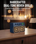 Dope 10W Mini Portable Guitar Amplifier With Clean And Drive Tones, vintage style amp with dual-tone woven grille on a table.