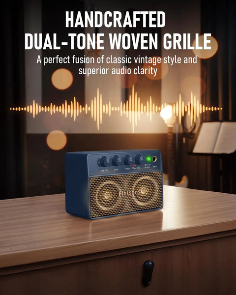 Dope 10W Mini Portable Guitar Amplifier With Clean And Drive Tones, vintage style amp with dual-tone woven grille on a table.