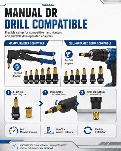 Heavy Duty Carbon Steel Rivet Nut Tool Set With Metric Mandrel Head For Installing Threaded Inserts In Sheet Metal Perfect For Home Garage And Fabrication Shops manual or drill compatible mandrels