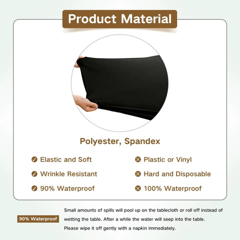 Hands stretching black polyester spandex material of Fitted Card Table Cover For 34 By 34 Inch Square Tables Elastic Waterproof Tablecloth