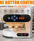 Powerful Cake Icing Smoothing Machine For Even Buttercream with LCD Touch Control in kitchen setting, showing adjustable speed display.