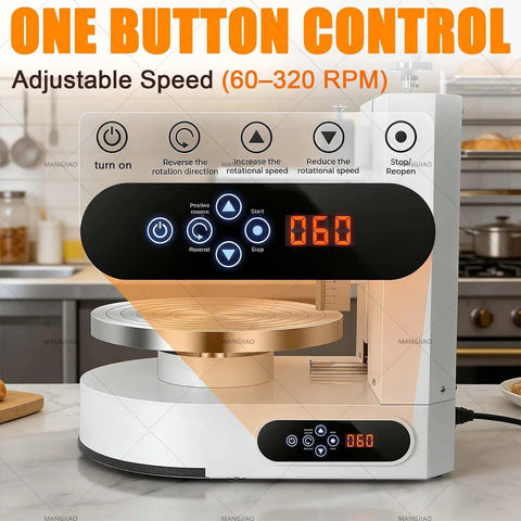 Powerful Cake Icing Smoothing Machine For Even Buttercream with LCD Touch Control in kitchen setting, showing adjustable speed display.