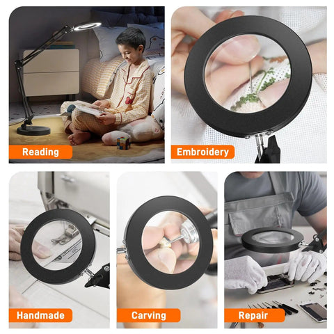 Collage showing uses of 10X Magnifying LED Lamp With Optical Glass Lens 4.3 Inch Clamp On Craft Light for reading, embroidery, and repairs