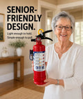 Senior using ABC Fire Extinguisher For Home Base With Patent Pending Easy Press Handle That Skips The Pin Drama, 2.5 Lb Unit.