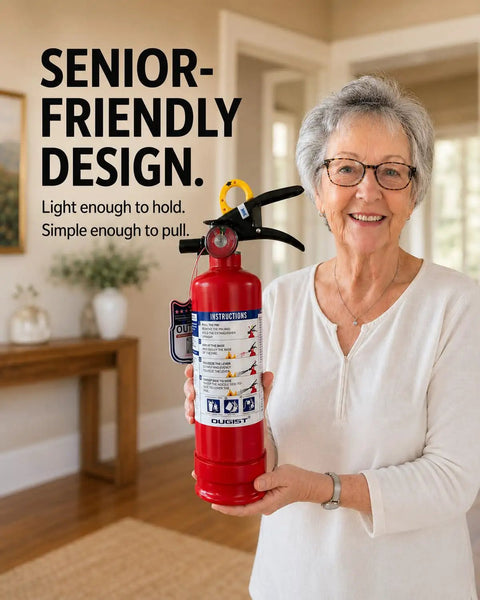Senior using ABC Fire Extinguisher For Home Base With Patent Pending Easy Press Handle That Skips The Pin Drama, 2.5 Lb Unit.