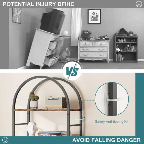 Comparison of a tipped-over dresser and an Arched Five Tier Bookshelf Tall Bookcase With Ample Storage anchored to prevent falling.