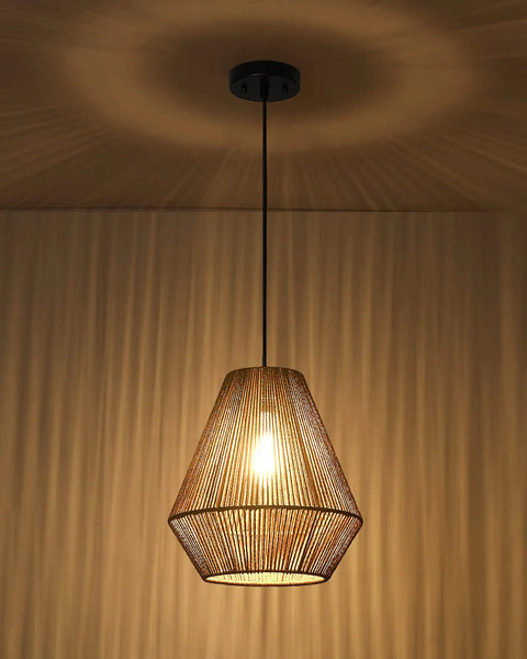 12 Inch Handwoven Rattan Pendant Light With Rustic Boho Vibe, Adjustable Woven Basket Shade Hanging From Ceiling