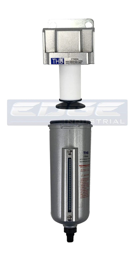 Heavy Duty Industrial High Flow Inline Air Filter Water Trap With 5 Micron Filtration, Metal Bowl, Auto Drain, Three Quarter Inch NPT, 140 CFM, 175 PSI Max, For Compressed Air Line Systems, view of filter unit