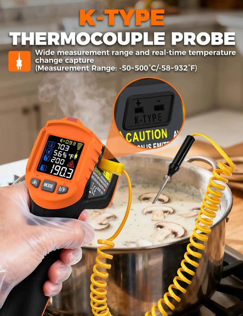 4 In 1 Infrared Temperature Gun With K Type Probe measuring soup temperature in a kitchen, showing display and probe in use.