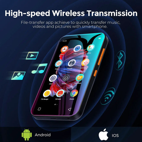 72GB WiFi MP3 Player With Bluetooth 4.0 Inch Full Touch Screen MP4 Player With Speaker, showing high-speed wireless transmission