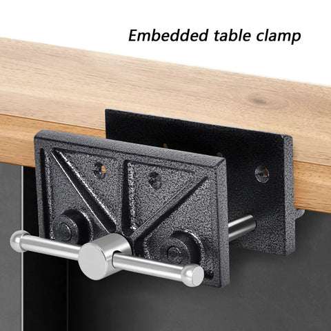 Heavy Duty Woodworker Vice Bench Clamp With Smooth Gliding Rails For Precise Clamping Tasks And Rock Solid Desktop Workbench Holding Power mounted on a wooden surface.