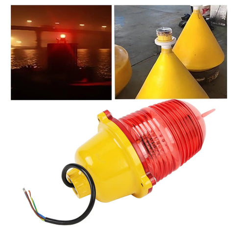 Beefy Weatherproof Obstruction Light For Marine Use Multipurpose Warning Beacon With AC110V Constant On Power Tough UV Resistant PC Housing Ideal For Bridges Towers Docks Waterways And Aquaculture Corridors next to buoy