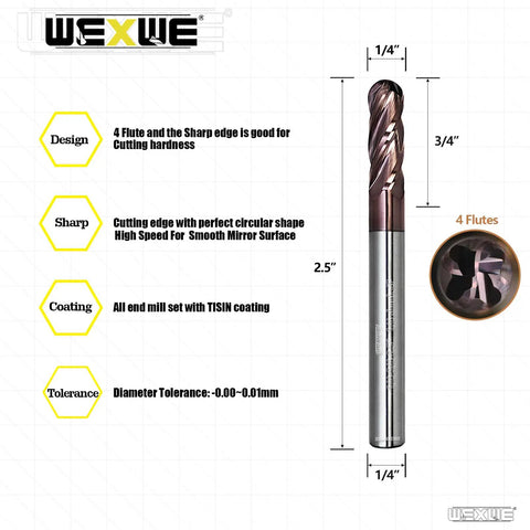Carbide Ball End Mill Bits With Four Flutes And TISIN Coating, One Quarter Inch Shank, Cutting Lengths Up To Two And A Half Inches