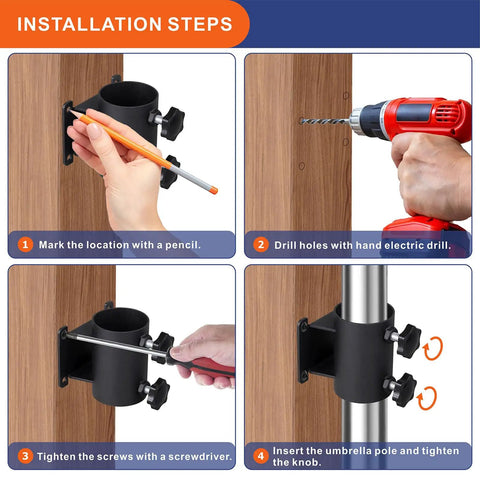 Installation steps for Heavy Duty Patio Umbrella Holder Clamp Mount For Deck Railings And Outdoor Spaces.