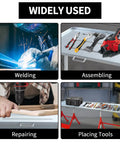 Heavy Duty Mobile Welding Table 90 By 20 Inches Adjustable Angles Steel Workbench shown in use for welding, assembling, repairing, and placing tools.