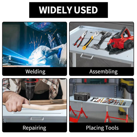 Heavy Duty Mobile Welding Table 90 By 20 Inches Adjustable Angles Steel Workbench shown in use for welding, assembling, repairing, and placing tools.