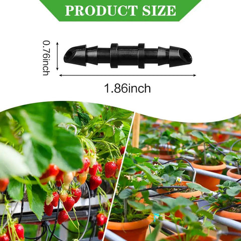 Illustration of Hundred Piece Drip Irrigation Barbed Couplings Set for One Quarter Inch Tubing with strawberries example