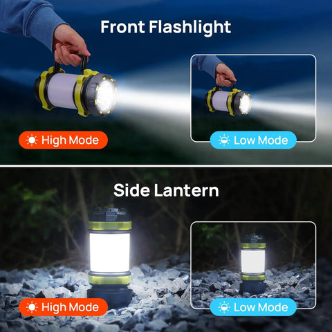 Two Pack LED Camping Lantern And Flashlight Rechargeable with high and low modes for camping and emergencies.